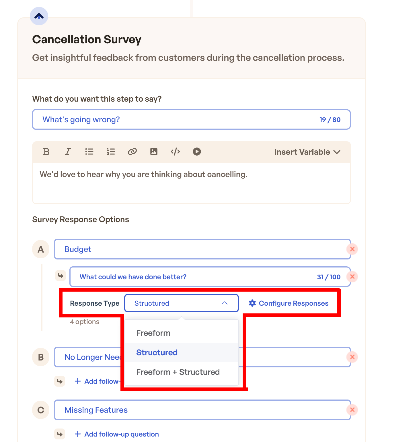 Response Type dropdown showing Freeform, Structured, and Freeform + Structured options in the survey builder